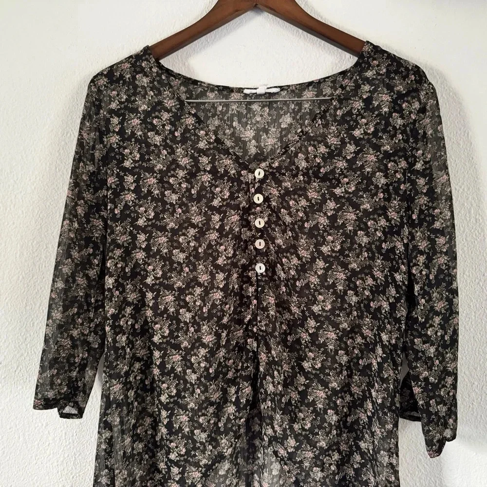 Boho Floral Kimono Blouse Sheer High Low Button Front Dressy Top Small - Picture 3 of 14